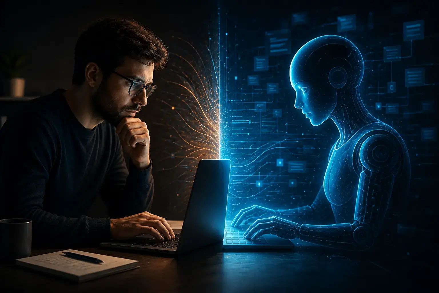 A developer at a desk facing and AI coding Agent