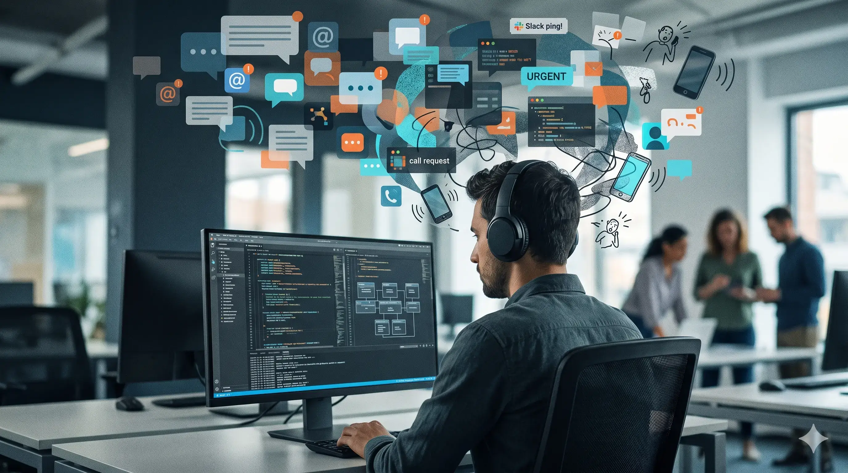 A developer at a desk surrounded by notification icons representing constant digital interruptions